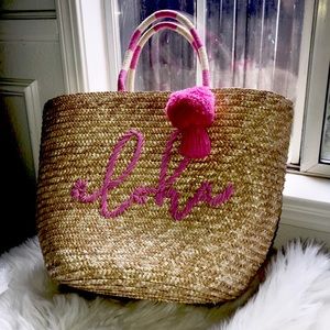 Mud Pie Pink Aloha Sentiment Straw Bag